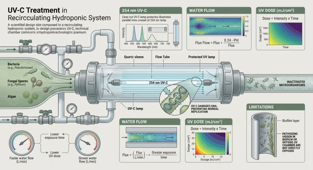 Diagram showing hydroponic nutrient solution passing through a 254 nm UV-C sterilizer