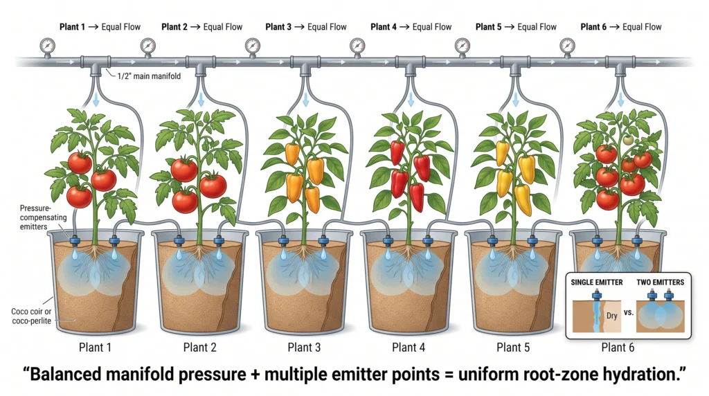 Hydroponic drip manifold infographic showing a 1/2-inch supply line feeding equal-flow pressure-compensating emitters with two drip points per tomato or pepper container.