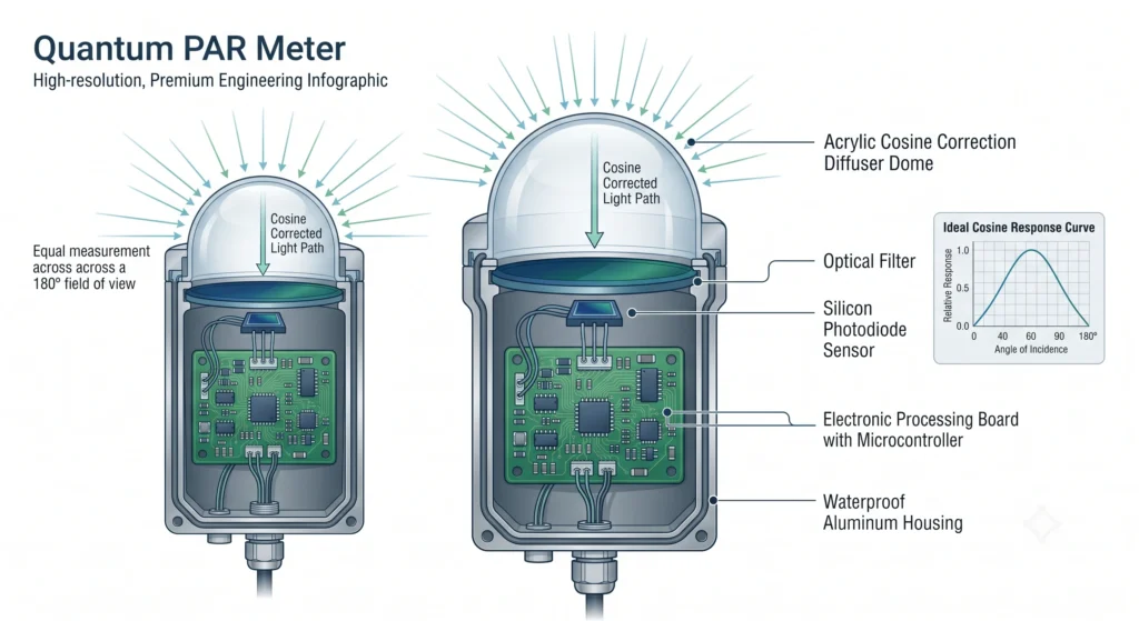 Quantum PAR Meters vs Smartphone Light Meter Apps: Comparing Accuracy for Indoor Growers 1 Cross-section diagram showing the optical diffuser and photodiode inside a quantum PAR meter.