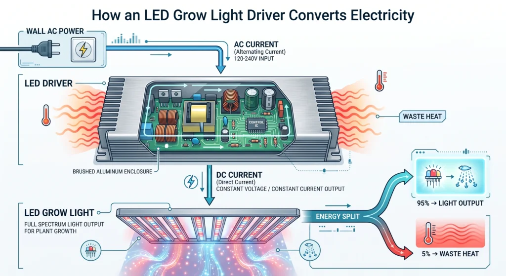 Diagram showing AC power entering an LED driver, conversion to DC power, LED light output, and heat loss from electrical inefficiency.