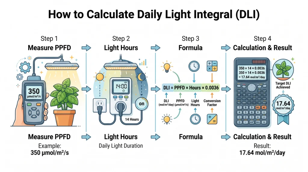 Step-by-step infographic showing how to calculate Daily Light Integral using PPFD, photoperiod, and the DLI formula.