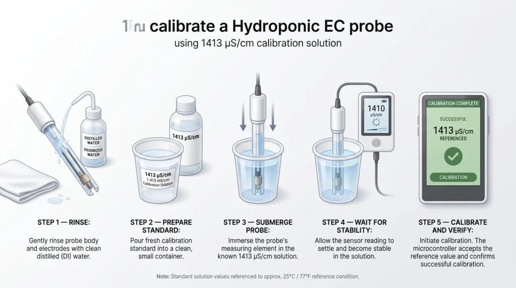 Step-by-step infographic showing an EC probe being rinsed, placed in 1413 µS/cm calibration solution, stabilized, calibrated in the controller, and verified before use.