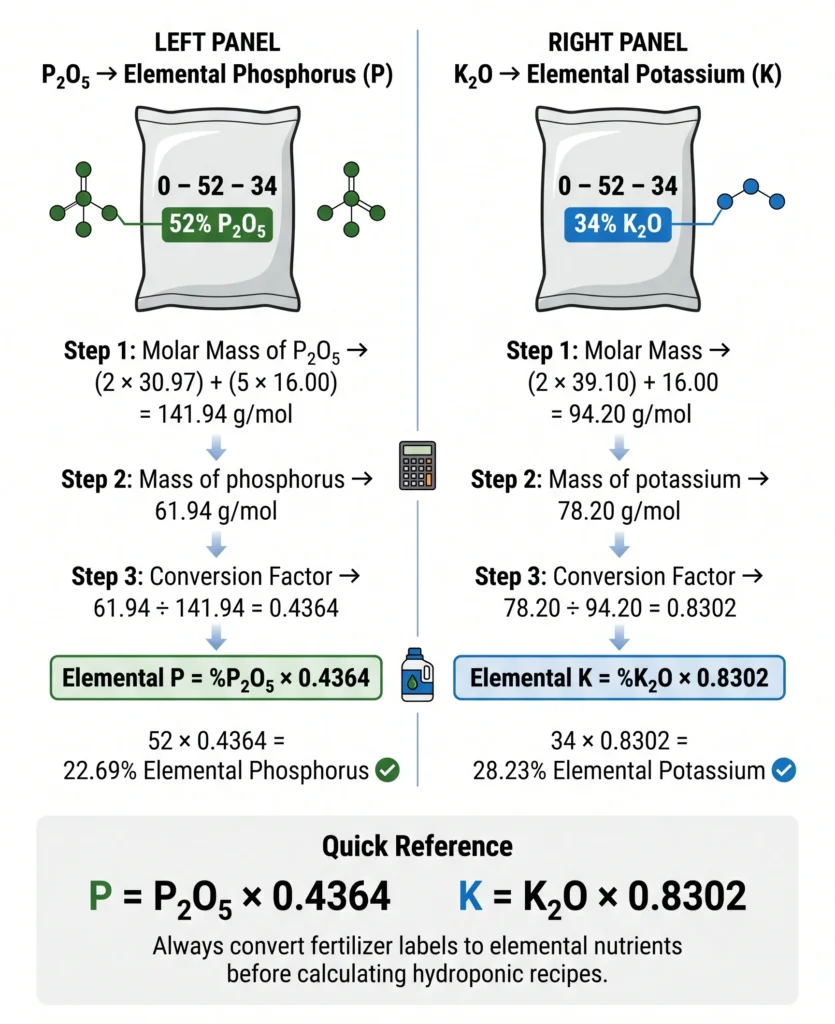Educational infographic explaining how to convert fertilizer label values from phosphate (P₂O₅) to elemental phosphorus (P) and potash (K₂O) to elemental potassium (K), including molar mass calculations, conversion factors, and a monopotassium phosphate (MKP 0-52-34) worked example.
