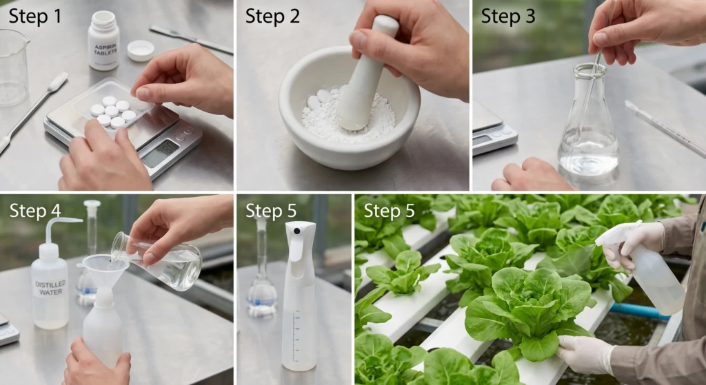 Uncoated aspirin tablets being dissolved and prepared for a salicylic acid foliar spray on hydroponic plants