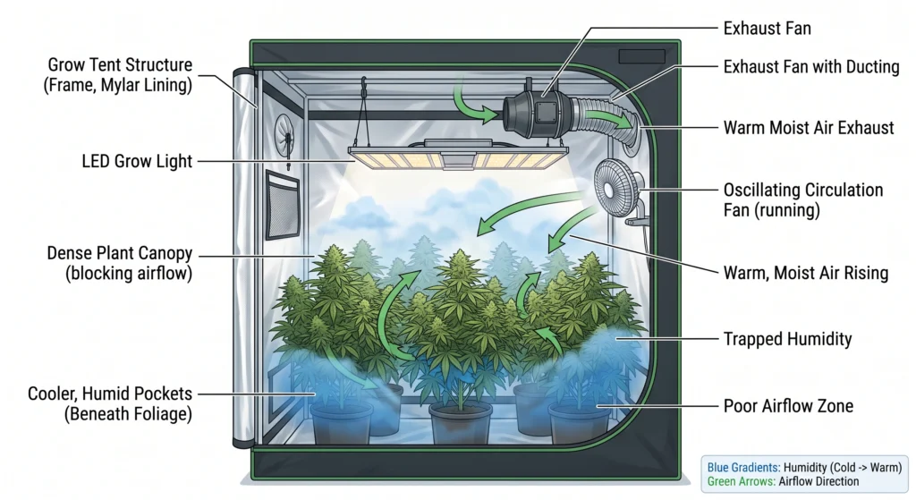 Powdery Mildew Prevention in High-Humidity Grow Tents: The Ultimate Eradication Guide 13 Diagram showing humidity pockets developing inside dense plant canopies.
