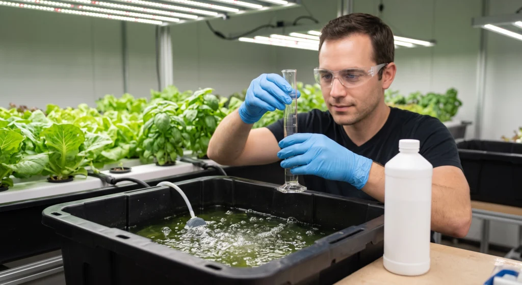 Stop Algae in Hydroponic Tubing & NFT Channels 5 Food-grade hydrogen peroxide being measured for algae control in a hydroponic reservoir
