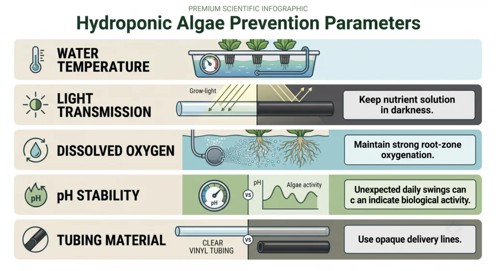 Stop Algae in Hydroponic Tubing & NFT Channels 6 Hydroponic algae prevention guide showing temperature, light, dissolved oxygen, pH, and tubing requirements