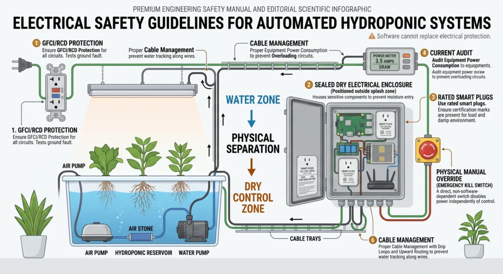 Home Assistant Hydroponics: Advanced Smart-Garden Automation Deep-Dive 6 Safety infographic showing GFCI protection, dry electrical enclosures, correctly rated smart plugs, separated power connections, current auditing, and manual emergency overrides for hydroponics.