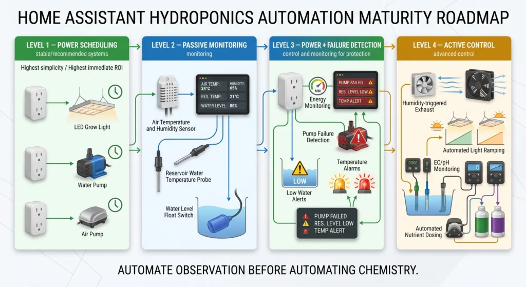 Home Assistant Hydroponics: Advanced Smart-Garden Automation Deep-Dive 2 Hydroponic automation roadmap ranking smart plugs, environmental sensors, reservoir monitoring, power monitoring, and active dosing from basic to advanced automation.