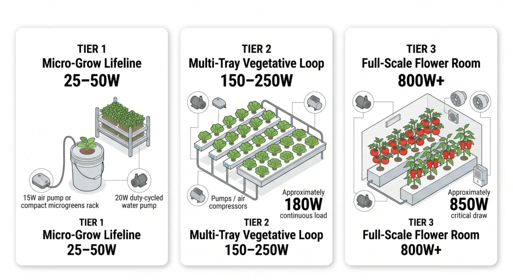 Three-tier infographic comparing hydroponic backup power requirements for micro-grow, multi-tray, and full-scale flower-room systems.