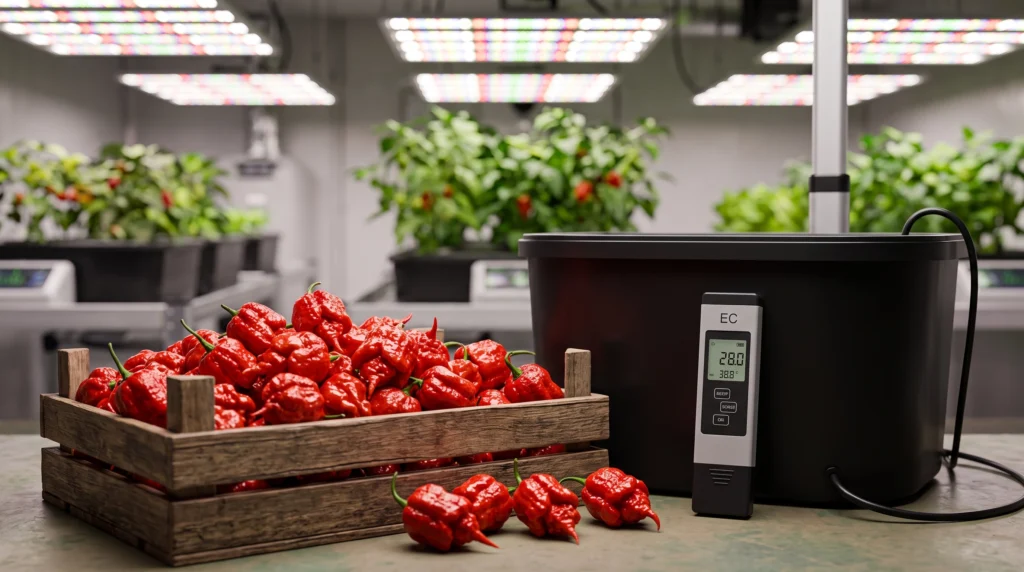 Large harvest of ripe Carolina Reaper peppers grown hydroponically using EC stacking techniques