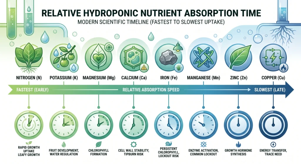 Foliar Feeding Hydroponics: Maximizing Micro-Nutrient Absorption Rates 3 Timeline infographic comparing the absorption speed of nitrogen, potassium, calcium, magnesium, iron, zinc, manganese, and copper after foliar application.