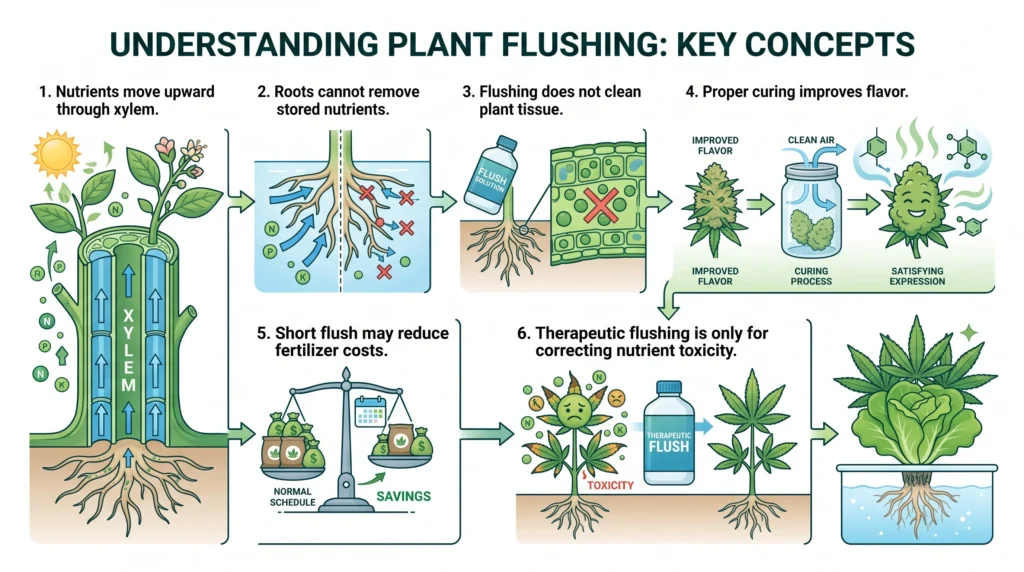 Educational infographic summarizing the scientific conclusions about hydroponic harvest flushing, including nutrient transport, root physiology, yield, flavor, and when flushing is appropriate.