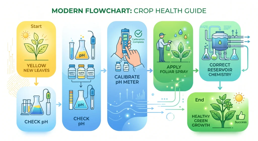 Iron Chelate Selection: DTPA vs EDDHA vs EDTA by pH Level 4 Flowchart showing the correct process for diagnosing and fixing hydroponic iron lockout