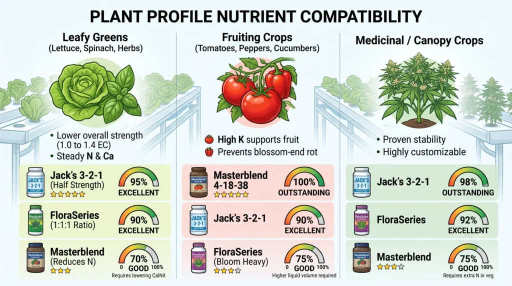 Hydroponic nutrient compatibility chart showing recommended nutrient formulations for leafy greens, fruiting vegetables, and medicinal or specialty crops, with ideal nutrient ratios and growing requirements.