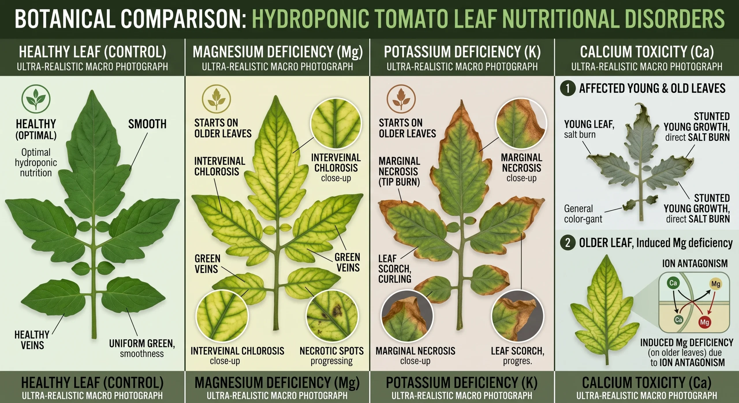 Comparison of healthy hydroponic leaves and nutrient-deficient leaves showing magnesium deficiency, calcium toxicity, and potassium lockout symptoms.