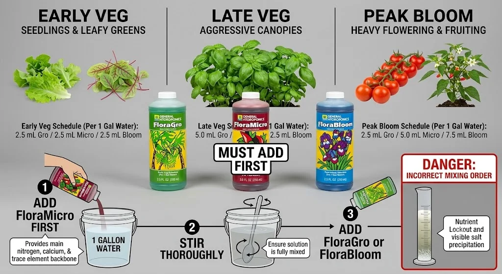 Infographic showing the recommended hydroponic nutrient schedule for early vegetative growth, late vegetative growth, and peak flowering, including nutrient mixing order and stage-specific fertilizer requirements.