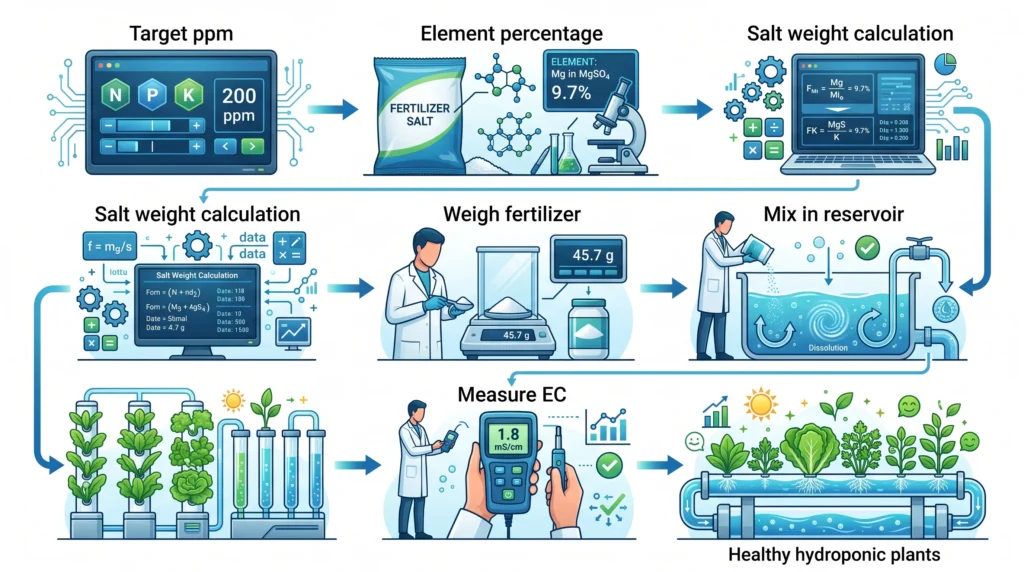 Flowchart illustrating how to convert target ppm values into the correct weight of fertilizer salts using elemental percentage calculations for hydroponic nutrient formulation.