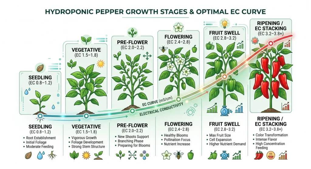 Timeline showing hydroponic pepper EC levels from seedling to ripening for super-hot peppers