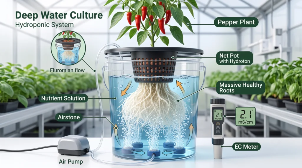 Healthy white pepper roots growing in oxygenated hydroponic nutrient solution during EC stacking