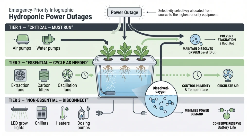Three-tier hydroponic emergency load-shedding infographic prioritizing air pumps and water pumps during a power outage.