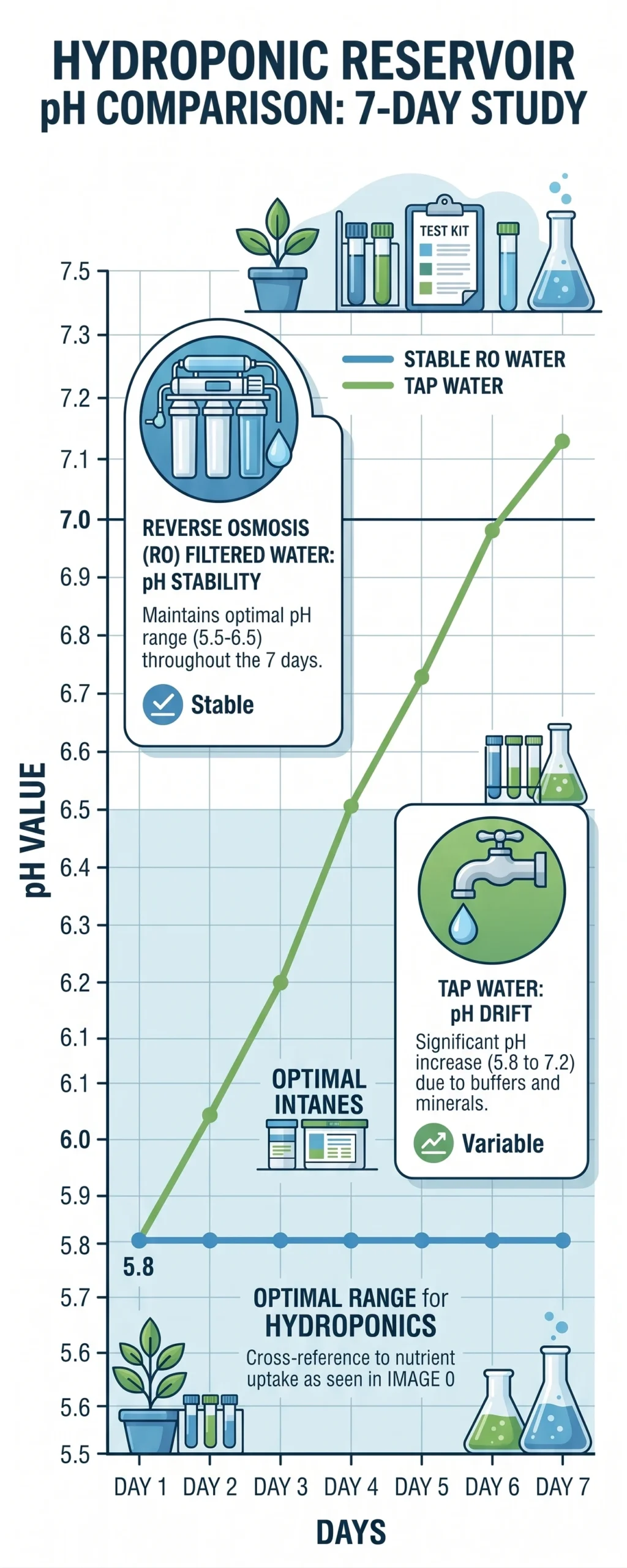 Line graph comparing stable pH in reverse osmosis water with rising pH caused by alkaline tap water over several days.
