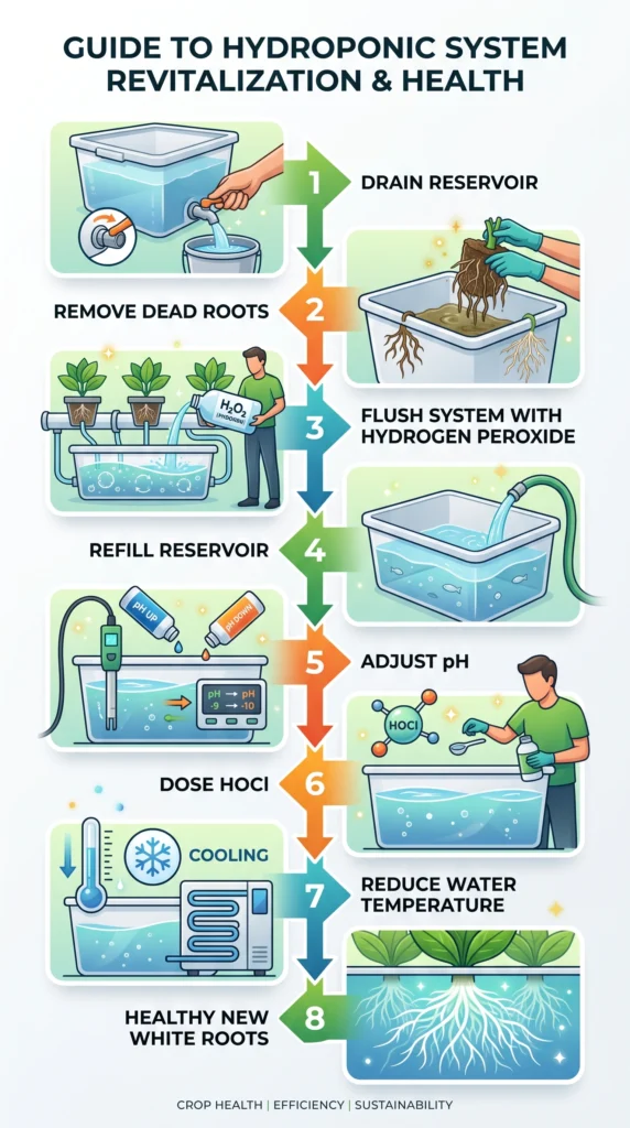 Step-by-step workflow for treating hydroponic root rot using cleaning and sterilization.