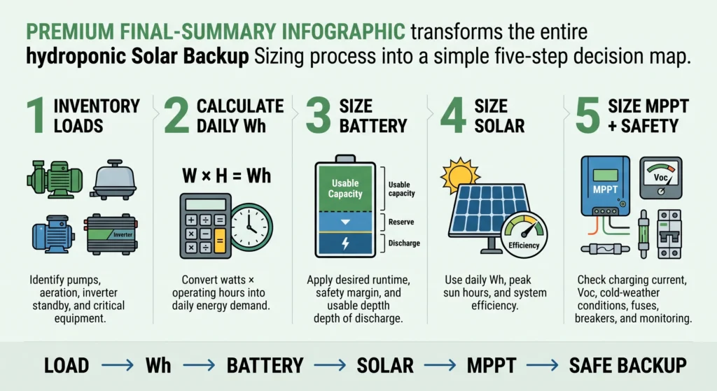 Five-step visual guide for sizing a hydroponic solar battery backup from electrical load to solar panel array.