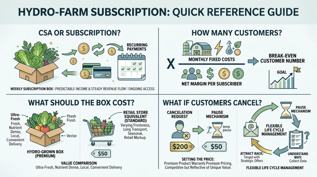 Quick-reference infographic summarizing subscription choice, break-even customers, box pricing, and cancellation management for hydroponic farms.