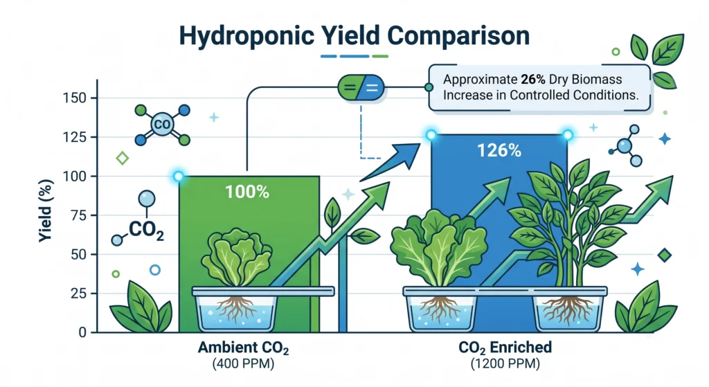 Bar chart comparing crop yield under ambient carbon dioxide and 1200 PPM CO2 enrichment.
