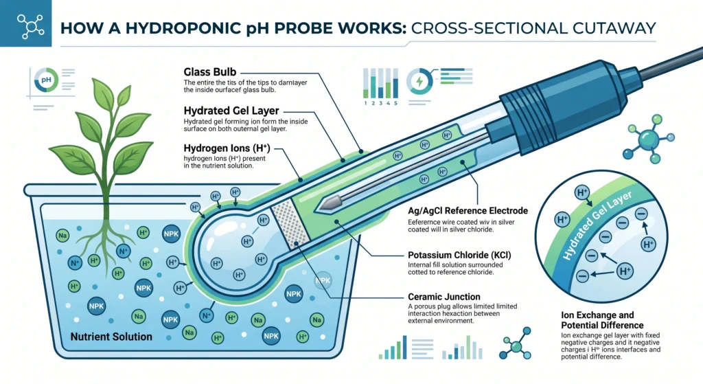 The Ultimate Hydroponic pH Meter Guide: Anatomy of a $1,200 Mistake 3 Cross section diagram showing glass bulb reference electrode potassium chloride solution and hydrogen ion exchange