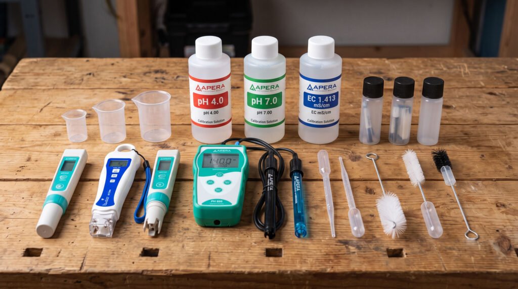 Collection of pH EC meters, calibration solutions and hydroponic testing tools on workbench
