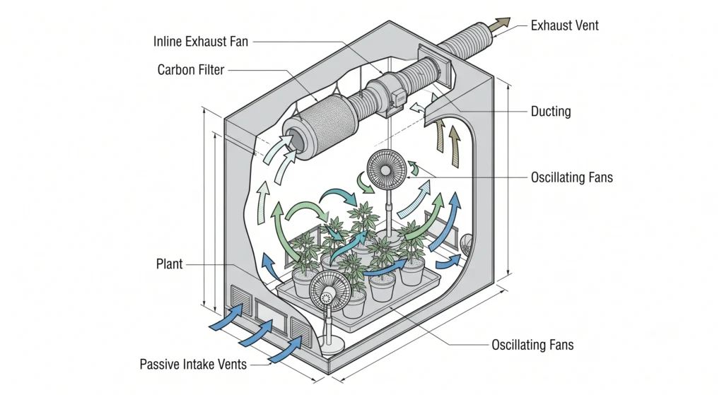 Powdery Mildew Prevention in High-Humidity Grow Tents: The Ultimate Eradication Guide 4 Grow tent airflow layout showing exhaust fans and oscillating fans preventing humidity buildup.
