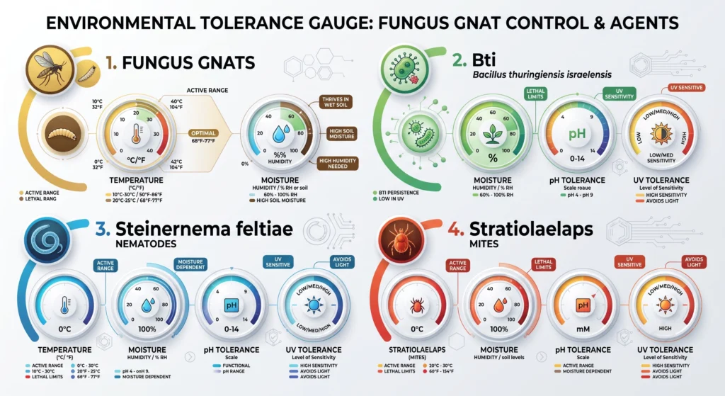 Environmental ranges for Bti nematodes and predatory mites in hydroponics
