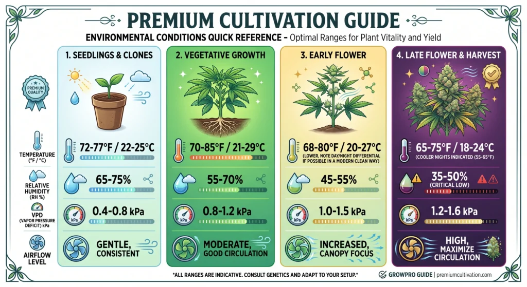 Powdery Mildew Prevention in High-Humidity Grow Tents: The Ultimate Eradication Guide 7 Reference chart showing ideal temperature, humidity, and VPD ranges for different plant growth stages.