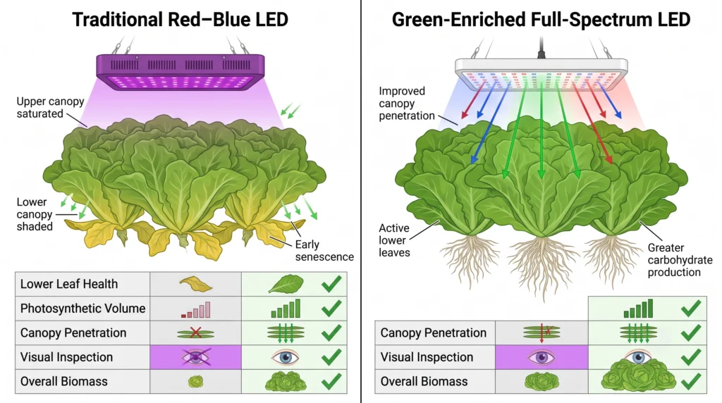 Green Light Plant Growth: The Deep Canopy Photobiology Beyond Traditional PAR 8 Side-by-side educational illustration comparing a red-blue LED grow setup with a green-enriched full-spectrum LED system, highlighting improved lower canopy photosynthesis, healthier foliage, and greater whole-plant productivity.