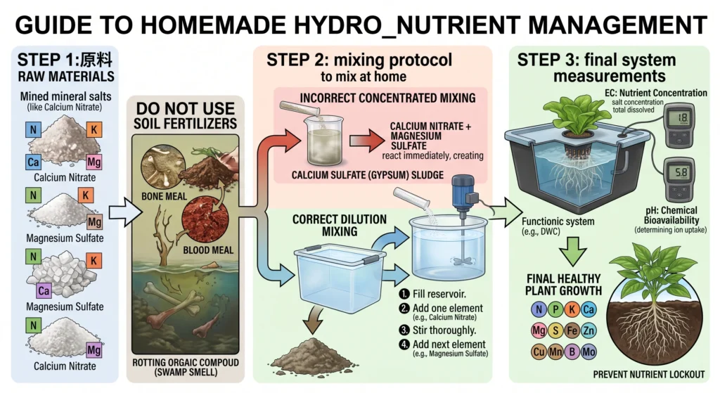 An infographic titled 'GUIDE TO HOMEMADE HYDRO_NUTRIENT MANAGEMENT' detailing a three-step process. STEP 1 contrasts 'Mined mineral salts' (heaps of powder with elemental symbols like N, Ca, Mg, K, like Calcium Nitrate and Magnesium Sulfate) on the left, with an adjacent panel of 'Bone Meal' and 'Blood Meal' soil fertilizers that are labeled 'DO NOT USE' and cause 'ROTTING ORGAIC COMPOUD (SWAMP SMELL).' Heaps of raw materials are shown. STEP 2 explains the 'mixing protocol' with 'INCORRECT CONCENTRATED MIXING' of Calcium Nitrate and Magnesium Sulfate leading to 'CALCIUM SULFATE (GYPSUM) SLUDGE,' compared against 'CORRECT DILUTION MIXING' using a motor stirrer and four numbered steps: 1. Fill reservoir, 2. Add one element, 3. Stir thoroughly, 4. Add next element. On the right, STEP 3 outlines 'final system measurements' within a DWC hydroponic tank with a plant, featuring two digital meters displaying 'EC: Nutrient Concentration' (reading 1.8) and 'pH: Chemical Bioavailability' (reading 5.8). The final outcome shows a plant root profile labeled 'FINAL HEALTHY PLANT GROWTH' with numerous elemental symbols like N, P, K, Ca and the tagline 'PREVENT NUTRIENT LOCKOUT.'