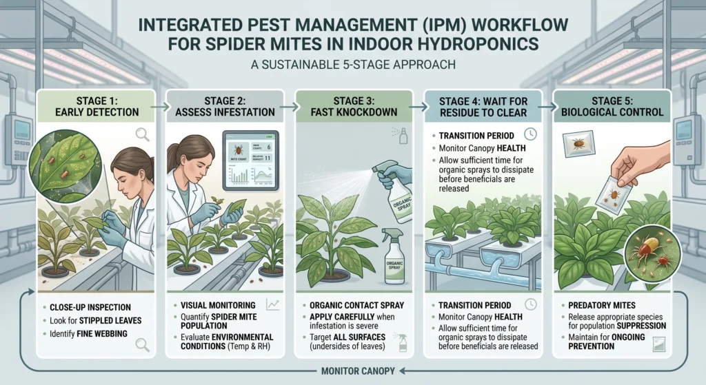 Integrated hydroponic spider mite control workflow using organic sprays followed by predatory mites