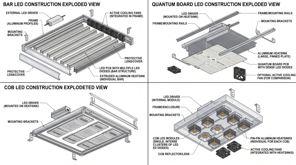 Exploded view showing construction differences between bar LED quantum board and COB grow lights.