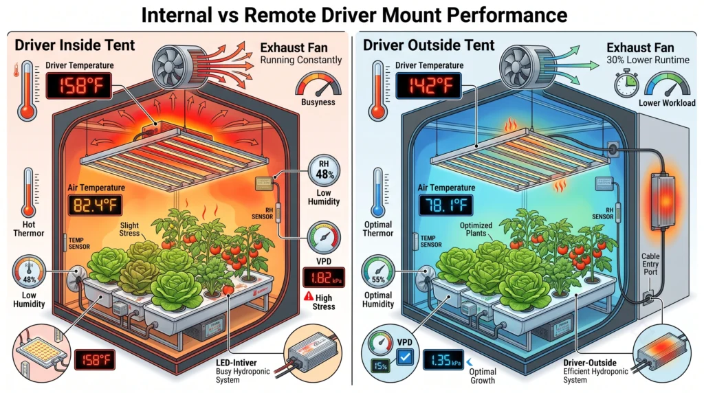 Comparison infographic showing temperature, humidity, VPD, and canopy differences between internal and remote LED driver mounting.