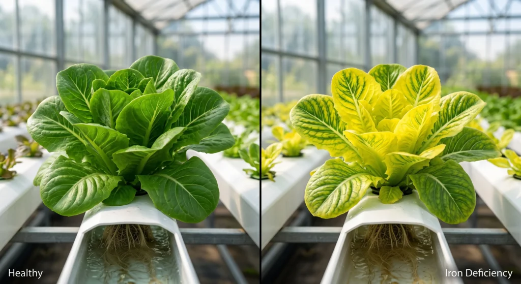 Iron Chelate Selection: DTPA vs EDDHA vs EDTA by pH Level 3 Hydroponic lettuce showing iron deficiency with yellow new leaves and green veins
