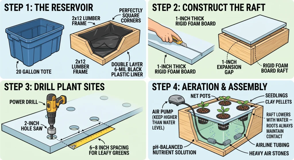 Illustrated guide showing a Kratky hydroponic basil setup with a painted mason jar, transparent root viewing window, nutrient mixing at pH 5.8, rockwool seedling placement, and healthy air and water root development.