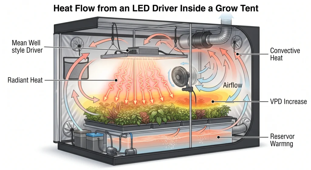 Cross-sectional diagram illustrating how heat from an LED grow light driver raises canopy temperature, lowers humidity, and increases vapor pressure deficit inside a grow tent.
