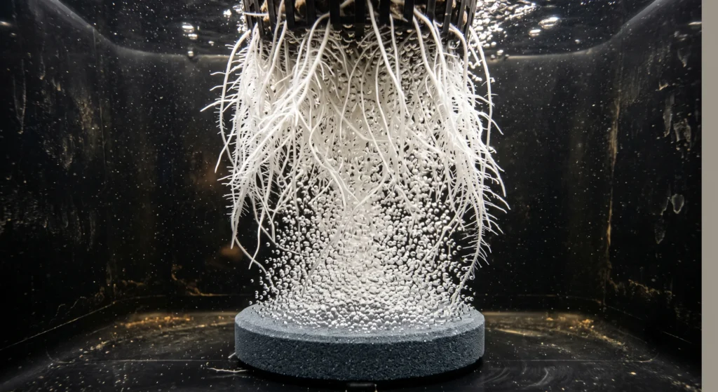 Large circular air stone producing dense oxygen bubbles beneath healthy hydroponic roots inside a Deep Water Culture reservoir.