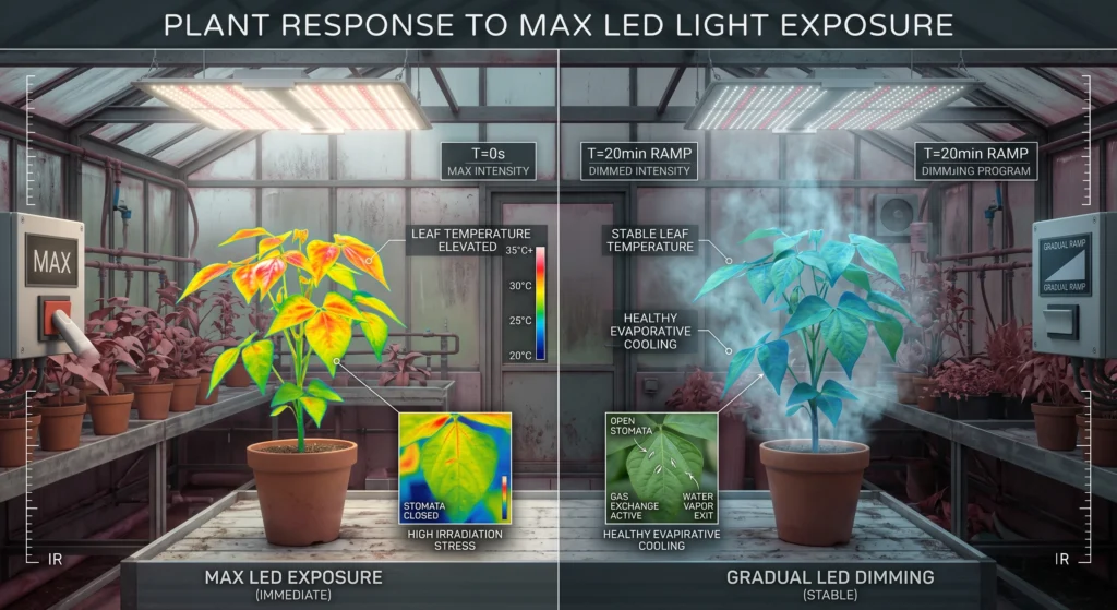 Comparison of canopy temperature with instant lighting versus gradual dimming.