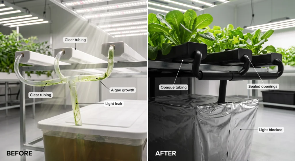 Stop Algae in Hydroponic Tubing & NFT Channels 3 Opaque tubing and covered NFT channels used to block light and prevent algae growth