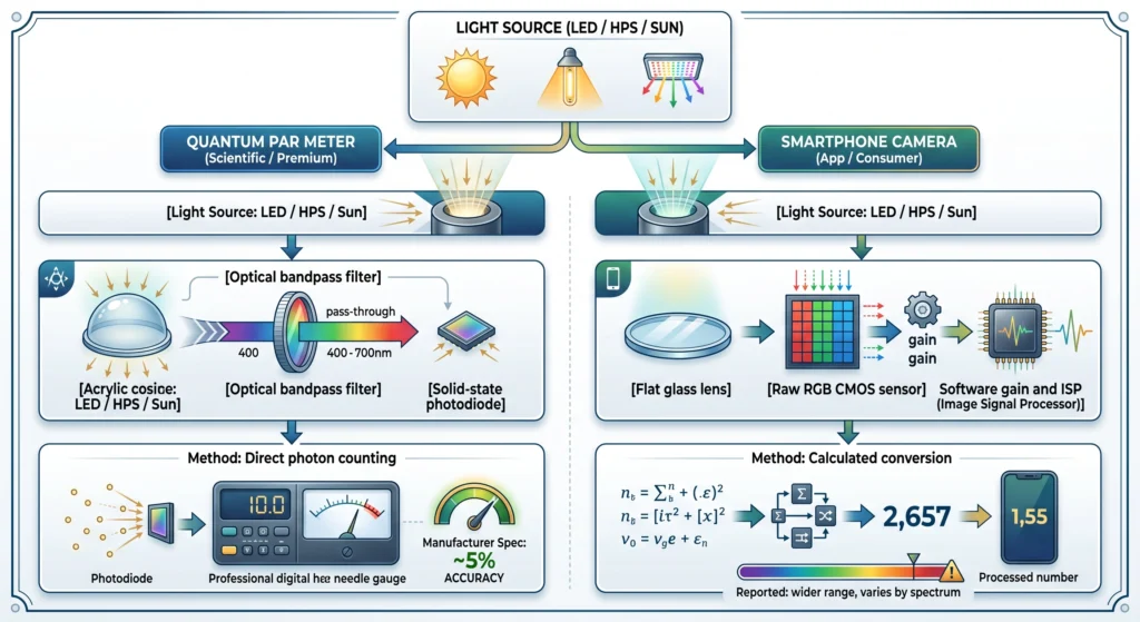 an infographic image about explaining quantam PAR meter vs Smartphone App
