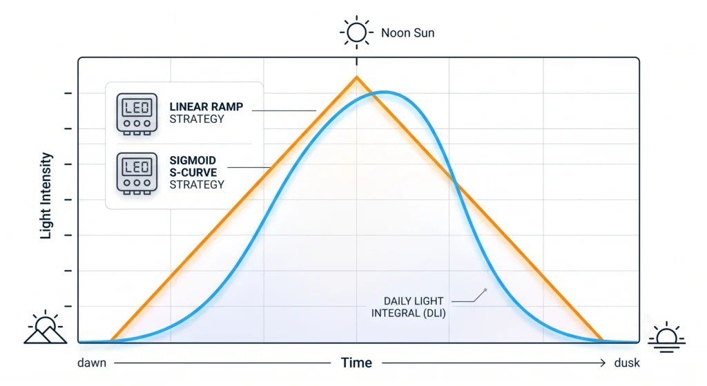 Graph comparing linear and S-curve LED dimming profiles.