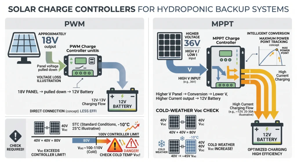 Technical infographic comparing PWM and MPPT solar charge controllers and showing how cold weather can increase solar panel voltage.