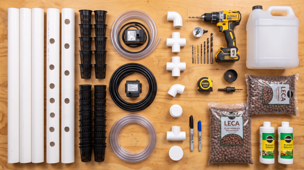 Flat lay photo of materials for DIY vertical hydroponic tower including PVC pipes, net cups, submersible pump, tubing, drill, and fittings on a workbench, clean and organized